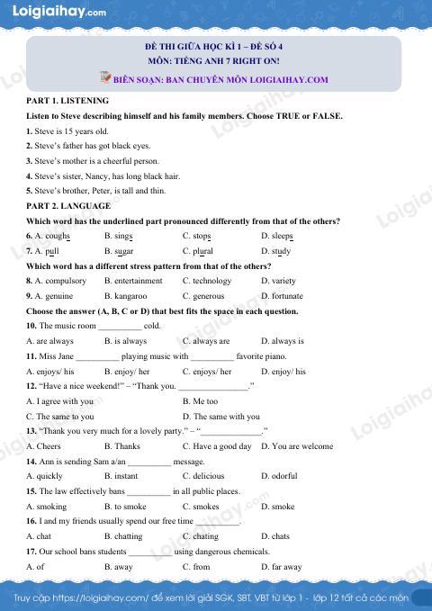Đề thi giữa kì 1 Tiếng Anh 7 Right on! - Đề số 4